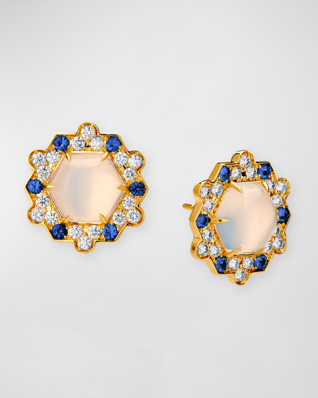 18k Mogul Hex Earrings with Moon Quartz, Sapphires and Diamonds